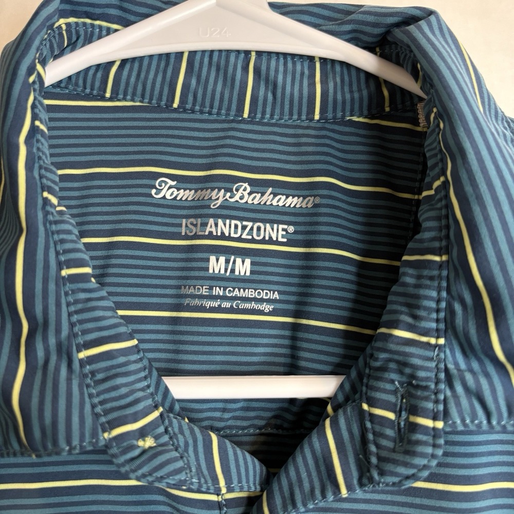 Tommy Bahama Shirt Mens Med Island Zone Blue Yellow Stripe Performance Golf Polo - Picture 4 of 7